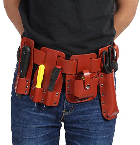 Emoshayoga Leather Tool Belt Pouch with Tool Holder for Level Spanners Hammer for Scaffolding Workers, Dark Red, 5 x23.8oz