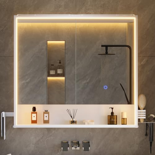 mojiasion 2-türiger LED-Spiegelschrank 80x78x18 cm, Steckdose, Touch-Sensor & 3 dimmbare Lichttemperaturen – inkl. Föhnhalter, Handtuchhalter & verstellbarem Einlegeboden – Weiß
