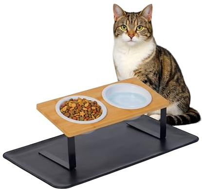 Relaxdays Katzennapf erhöht, Futterschüssel doppelt, je 600 ml, Keramik, spülmaschinenfest, Bambus Napfbar, Natur/weiß