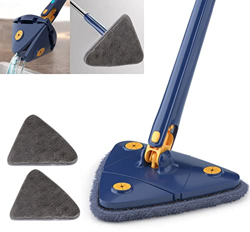 Earnmore 360 Grad Dreieckiger Reinigungsmopp, Dreieckiger Teleskop-Mopp Drehbarer Verstellbarer Wischmopp, Multifunktionaler Push-Pull-Automatischer Quetschmopp (blau + 2 Pads)