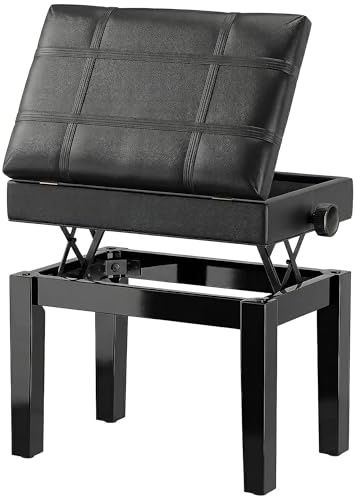 HOMCOM Banc de Piano, Banc de Clavier réglable en Hauteur en Bois Massif, Tabouret Piano avec Compartiment caché, siège rembourré polyuréthane, Stable et antidérapant, Charge 150kg, Noir