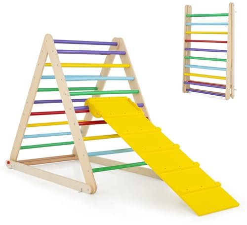 RELAX4LIFE Triángulo de Escalada con Tobogán para Niños, Escalera de Escalada de Madera Plegable, Triángulo Estable, Parque de Atracciones para Niños de 1+ Años (Modelo 1 Colorido)