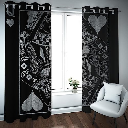 LEFEDA Schwarz und Grau Verdunkelung Vorhänge Karte Königin Rot Herz Q für Schlafzimmer Wohnzimmer Dekor Tülle Wärmeisolierte Fenstervorhänge 2 Paneele 132x183cm