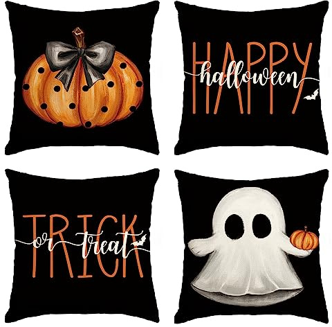 Artoid Mode Kürbisse Geist Happy Halloween 40x40 cm 4er Set Kissenbezüge | Saisonal Trick or Treat Zierkissenbezug Cushion Cover Couch Wohnzimmer Deko