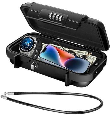 Portable Cash Box, Four-Digit Code Lock, Water & Rust Proof, 235 * 141 * 58mm Mini Safe for Travel & Sports