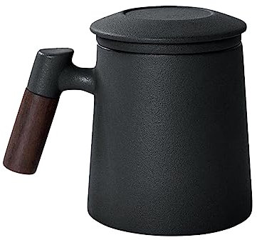 Taza de Te con Filtro y Tapa,400ml Taza de Té Infusiones Con Tapa y Filtro,Taza de Té de con Mango de Madera,Tazas de Té para Preparar Café u Hojas deTé,Taza Infusiones Para Familiar Oficina(negro)