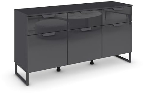 Rauch Möbel Modern by Aditio Sideboard, Kommode, Schubladenschrank, Lowboard, 3-türig, 3 Glastüren, 3 Schubladen, Soft-Close, Kufenfuß, Farbe Glas Basalt-Grau metallic, Schwarz, 140x73x44cm