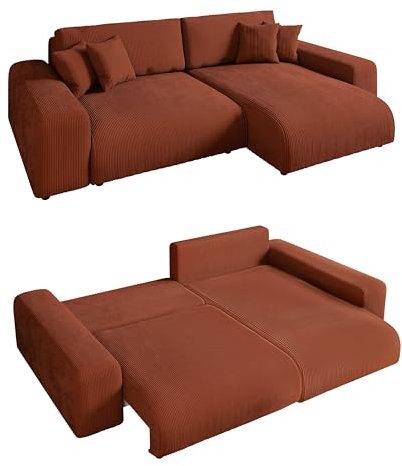 Modernes Cord Ecksofa B255/H165/T84 cm mit Schlaffunktion und Bettkasten, Wellenunterfederung, L-Couch links oder rechts montierbar, Liegefläche 148x196 cm, Cord-Bezug in Terracotta / 21004