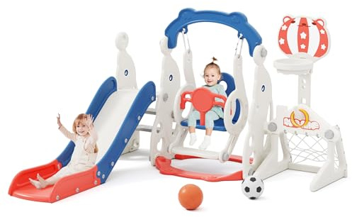 Glaf Toddler Slide and Swing Set 6 in 1 Toddler Outdoor Playset Kids Slide for Toddlers 1-3 Baby Climber Toys for 1 Year Old Indoor Slide Playground with Basketball Hoop Soccer (Blue with Goal)