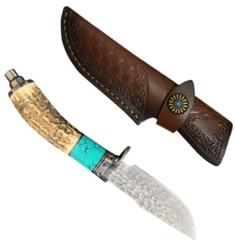 刀苑阁 Handmade Damascus Stag Horn Hunting Knife - Genuine Antler & Turquoise Handle with Leather Sheath | Acid-Etched Damascus Steel Blade | 60 HRC Hardness | 128g