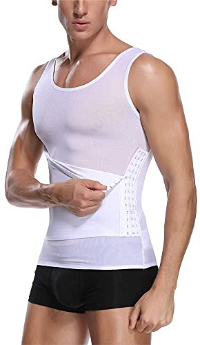 Joweechy Men Slimming Body Shaper Compression Vest Posture Corrector Tummy Control Shapewear Undershirt Tank Top with Waist Trainer Belt White,M
