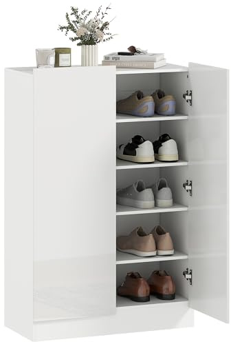 HOMCOM Zapatero de 2 Puertas Brillo con Cierre Suave, Zapatero Entrada Recibidor con Estantes Ajustables, Agujeros de Ventilación, Blanco, para 20 Pares de Zapatos, 72x34,5x103 cm
