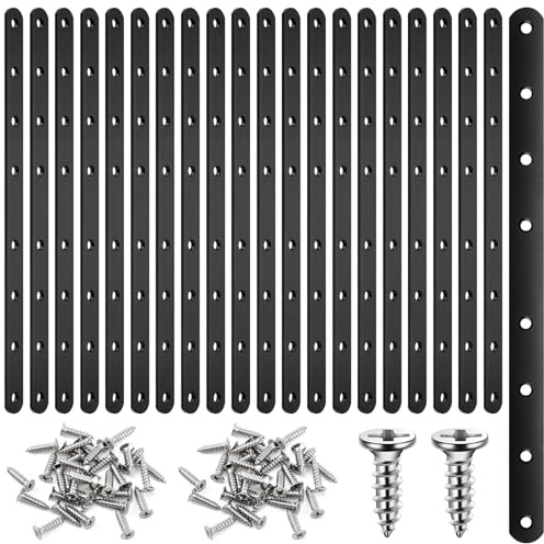 Zonon 20 Pcs Flat Mending Plate 12 Stainless Steel Straight Bracket Flat Straight Braces Metal Plate with Holes Mending Joining Plates Repair Fixing Bracket for Wood Connector with 160 Screw(Black)