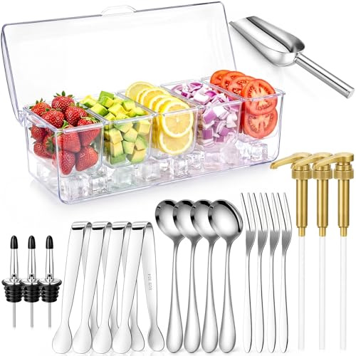 LemonRoad Large Ice Chilled Condiment Caddy, Chilled Condiment Server Container with Lid for 5 Removable Compartments with 3 Syrup Pump Wine Pourer 4 Spoon Fork and Clip Steel Scoop for Bar Party
