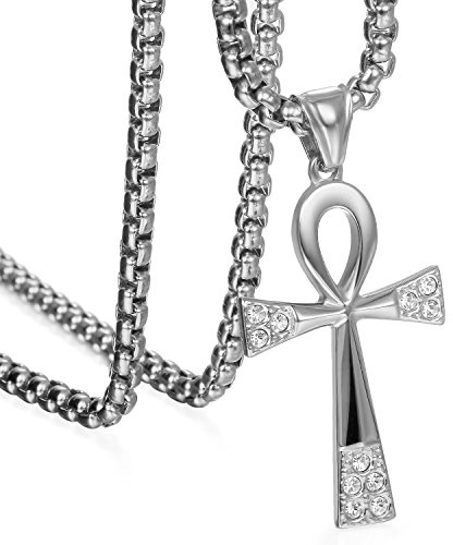 JewelryWe Smycken partnerhänge partnerkedja rostfritt stål strass egyptisk ankh kors amulett hänge med 55 cm kedja halsband för män kvinnor silver, alla hjärtans dag kärlek gåva, Strass, Ingen
