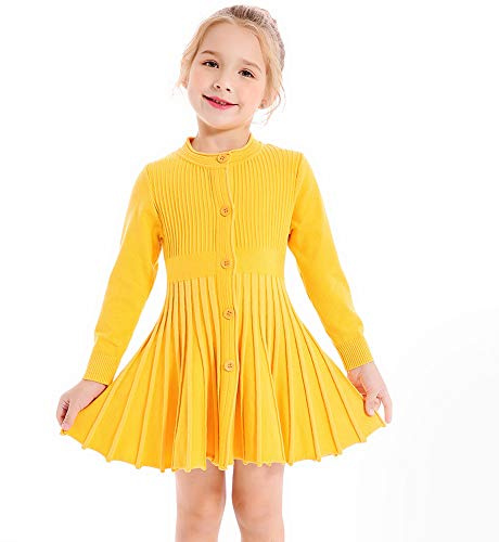 SMILING PINKER Kids Girls Pleated Dress Long Sleeve Button Down School Knitted Sweater Dresses