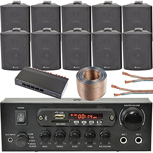SMART HOME 5 ZONE BLUETOOTH KIT – 10x 70W 4” Black Wall Mounted Speaker, 110W Stereo Amplifier, Zoning Splitter *ECHO ALEXA SPOTIFY* Wireless HiFi Audio Background Amp System – Bar Pub Home Surround