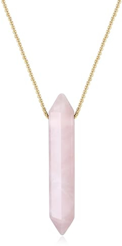 COAI Pendente Barra Esagonale in Quarzo Rosa, Collana Pendente Unisex Catena Lunga in Acciaio Inox