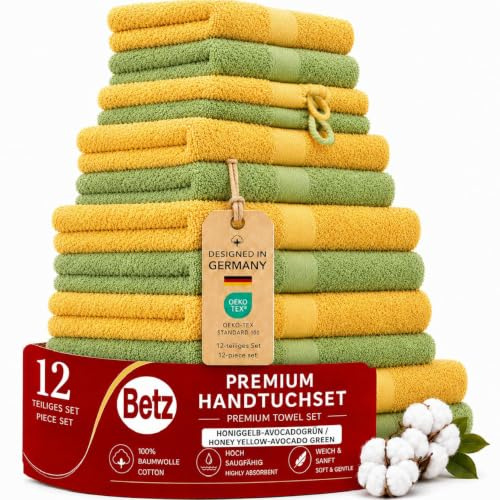 Betz Premium Handtuch-Set 12-teilig – 100% Baumwolle – Oeko-TEX® Zertifiziert – 470 g/m² – 2 Duschtücher, 4 Handtücher, 2 Gästetücher, 2 Seiftücher & 2 Waschhandschuhe - Farbe honiggelb/avocadogrün