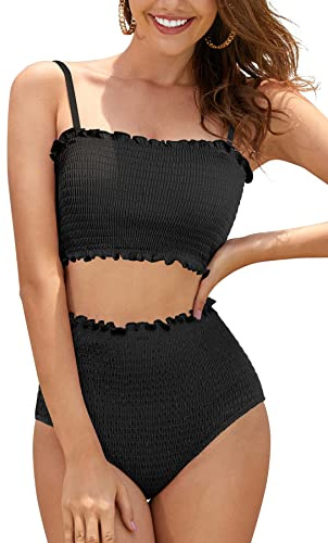 SHEKINI Costume da Bagno da Donna Shirred Bandeau Bikini in Vita Alta Senza Spalline Due Pezzi(S,Nero)