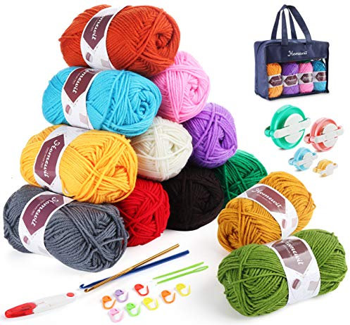 Homewit Häkelgarn 12 Farben * 50g, Wolle Zum Stricken Acryl Wolle Set Serie Handstrickgarn Baumwollgarn mit 2 Häkelnadeln es 4 Größen Pom Pom Maker für Häkeln und Fluff Ball