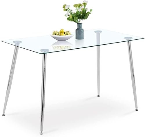 GOLDFAN Esstisch Glas Rechteckiger Moderner Esstisch Küchentisch mit Metallbeine für Wohnzimmer Esszimmer Büro, Silber, 110cm