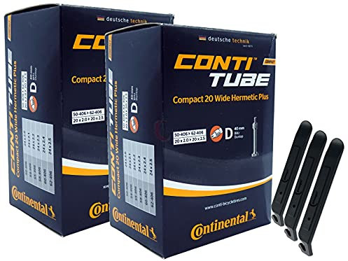 pneugo! Set 2 x Continental Fahrradschlauch 20 Zoll Blitzventil 50-406/62-406 (Compact Hermetic Plus Wide) + 3 Reifenheber