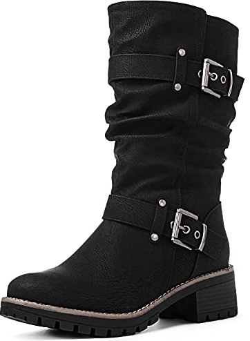 GLOBALWIN Women's Mid Calf Dress Boots Biker Motorcycle Riding Boots Women For Women Black Size 8M