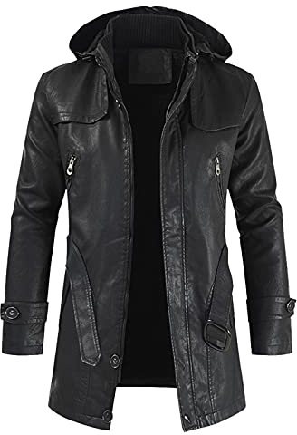 FSFA Veste en Cuir à Capuche pour Hommes d'hiver Chaud Zipper à Manches Longues Trench-coat Veste Cargo Vintage Col Montant Classique Mi-longue