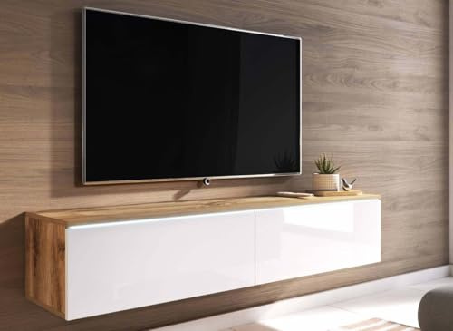 DecoInParis Meuble TV Contemporain chêne et laqué Blanc avec LED 2 Portes Malorie - 140 cm