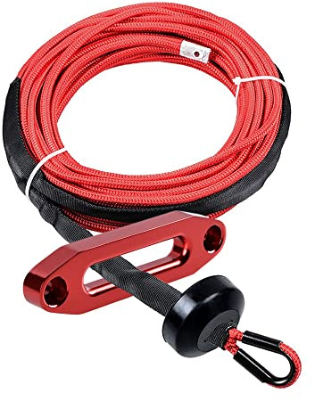 Astra Depot Red 50ft 1/4 inch 7000lbs Synthetic Winch Rope All Heat Rock Guard + Winch Stopper + Red Hawse Fairlead Car Truck ATV UTV Ramsey KFI
