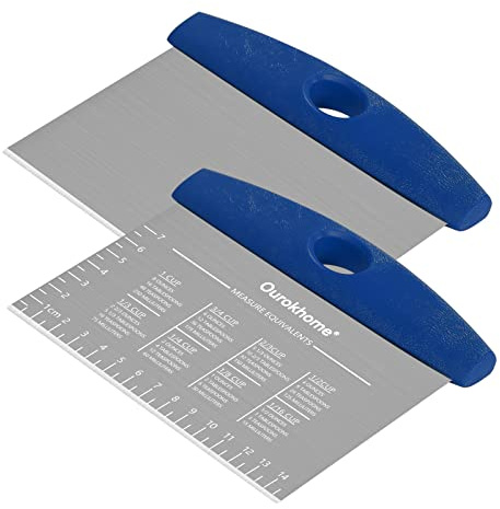 Ourokhome 2 Pack Bench Scraper Dough Cutter, Stainless Steel Dough Scraper with Laser-Etched Scale, Conversion Chart, Non-Slip Handle, Dishwasher Safe for Bread & Pastry, Blue
