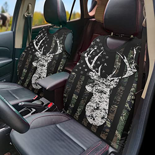 SCRAWLGOD 2 Stück Autositzbezüge für Herren, amerikanische Flagge, Camouflage, Jagd, Hirschdruck, Autozubehör, Innenraum-Schalensitze für Autos, SUVs, LKW