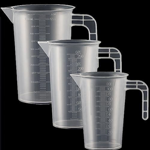 3 Stück Messbecher Kunststoff Set Mit Griff & Gramm Skala 100ml+250ml+500ml, Hitzebeständig Präzisions Messbecher für Waschmittel, Küche, Labor, die Autopflege feine Skala Lebensmittelecht Transparent