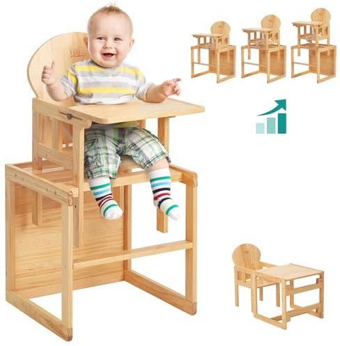 FUNLIO Trona de Bebe Madera, Convertible 2 en 1, Apta para niños de 0,5 a 6 años, Altura Regulable, Madera Maciza Premium, con Bandeja/Cojín/Correa de Seguridad extraíbles, Certificado CPC y CE
