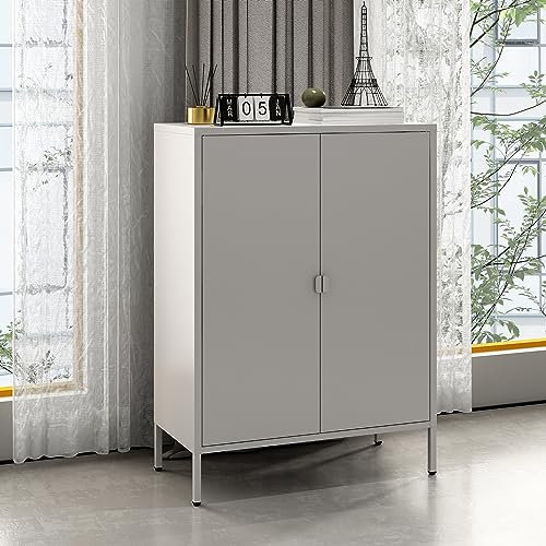 [en.casa] Aktenschrank Hailuoto Büroschrank aus Stahl Mehrzweckschrank mit 2 Türen Materialschrank mit 2 höhenverstellbaren Ablagen 80x40x110cm für Arbeitszimmer Büro Hellgrau