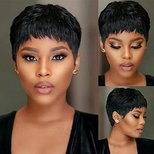 MISNEY Perruque Bob courte perruques de cheveux humains lisses avec frange perruques avant sans dentelle pour femmes coupe Pixie perruque de couleur naturelle entièrement fabriquée à la Machine