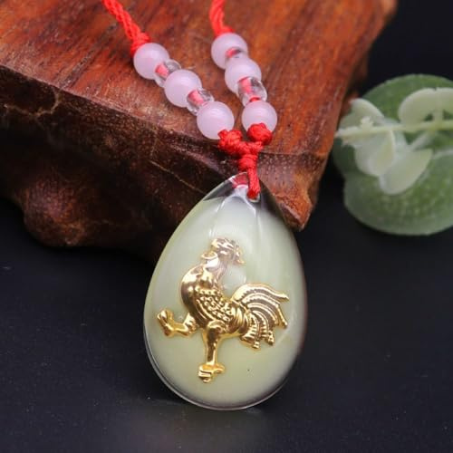 XRCXBLSC Luminous 12 Zodiac Pendant Gold-Plated Crystal 12 Zodiac Pendant Chinese Zodiac Necklace Gold Round Disc Handmade Animal Pendant Amulet Lucky Charm Necklaces Jade Necklace(Chicken）