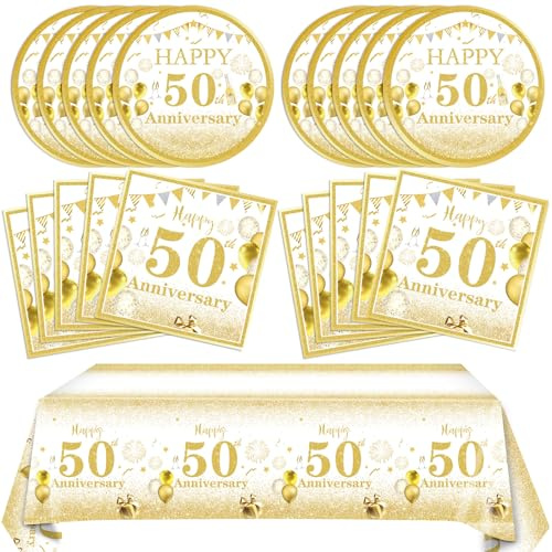 Lot de 41 décorations jetables pour 50e anniversaire de mariage - Blanc et doré - Vaisselle jetable avec assiettes, serviettes, nappes, pour homme et femme