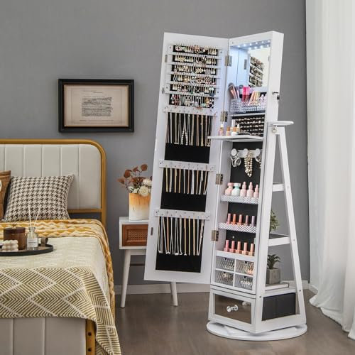 COSTWAY Armoire à Bijoux avec Miroir sur Pieds, Pivotant 360°, Miroir Psyché sans Cadre, Lumières LED, Verrouillable, Support pour Sèche-Cheveux, 3 Étagères à l’Arrière, Grand Tiroir (Blanc)