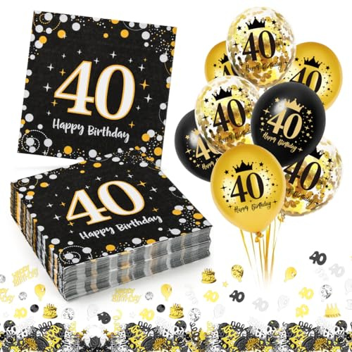 40. Geburtstag Deko Servietten 30 Stück+18 Stück Schwarz Gold Luftballons+ Konfetti Set, Deko 40 Geburtstag Mann Frau Jubiläum Servietten, 3-Lagig 40 Serviette 33x33cm,Geburtstagsservietten