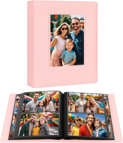 Álbum de foto de 272 bolsillos 13 x 18, de gran capacidad con cubierta de piel, ventana frontal para fotos de familia, boda y niño (rosa)
