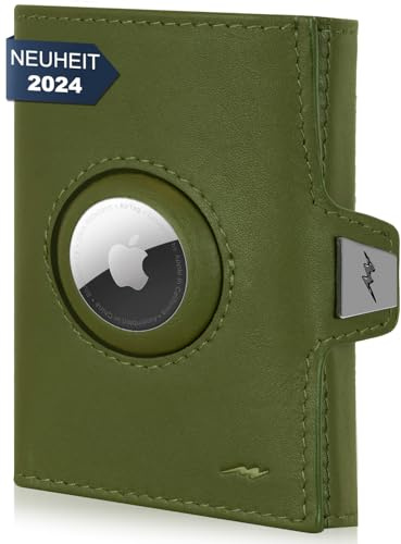 Marc Peter® JupiterAirtag Echtleder Geldbörse | RFID-Schutz für kleines Portemonnaie | Apple Airtag Mini für Männer | Kreditkartenetui bis zu 11 Karten Grün