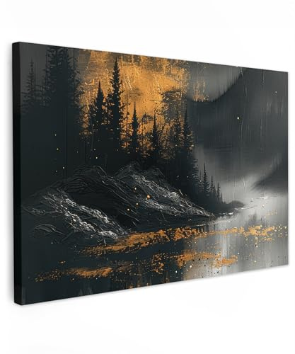 MuchoWow© Wandbilder Groß XXL Schlafzimmer Home Deko Wohnung Bild | 120x80 cm - Wohnzimmer Fotoleinwand Wand Bilder Leinwand Wall Decor Modern - Wald - Gold - Schwarz - Natur