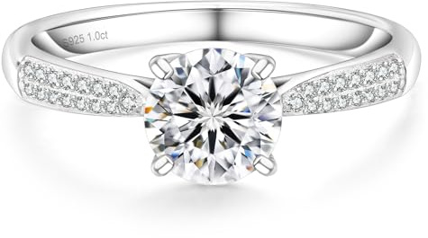 KRKC&CO Verlobungsring Damen Moissanite Ringe, 1 Karat Diamant Solitärring, VVS1 D Farbe, 925 Silber Weißgold Trauring Eheringe, Verlobung Verlöbnis Hochzeit Jubiläum Geschenk für Frauen, 52 (16,5)