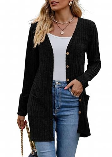 MSIYOW Cardigan Donna Lungo Manica Lunga Giacca in Maglia Elegante Autunno Inverno Maglione con Bottoni (L, Nero)