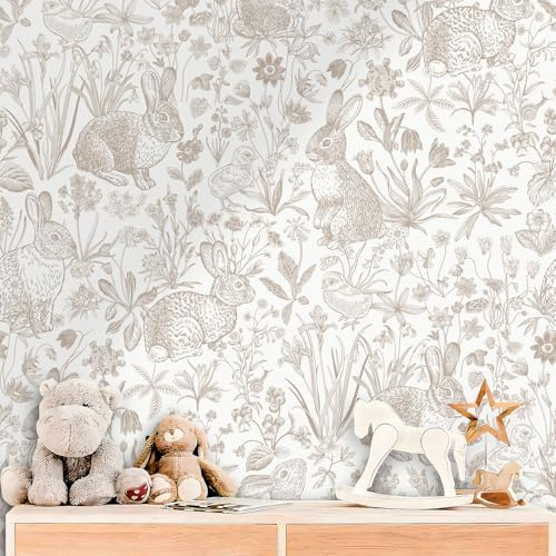 ReWallpaper 17.5in×23ft Beige Bunny Wallpaper Peel and Stick Neutral Countryside Cottage Wallpaper Bathroom Waterproof Whimsical Woodland Rabbits Bunny Wall Decor for Nursery Kids Room Bedroom Walls