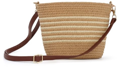 EVEOUT Mini Sac Bandoulière en Paille Femme Fille Boho été Mignon Petit Sac à Épaule Raphia Tissé à Rayures pour Plage Vacances