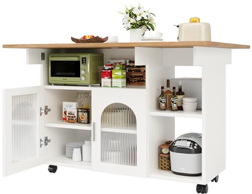DRIXNO Kücheninsel, Modernes Küchensiland, Küchenschrank, Abnehmbare Servierwagen Buffetschrank, Speisewagen mit Holzmaserung, Buffetschrank, Multifunktionale Esstisch mit Speicherraum,Weiß
