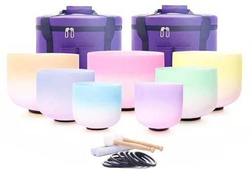 Hye-eun Kristall-Klangschalen, 432 Hz, 17,8 - 30,5 cm, Set mit 7 Stück, Regenbogen-Farbverlauf, mattiert, Quarz-Kristall-Chakra-Klangschalen mit Tragetasche für Klangheilung und Therapie-Meditation